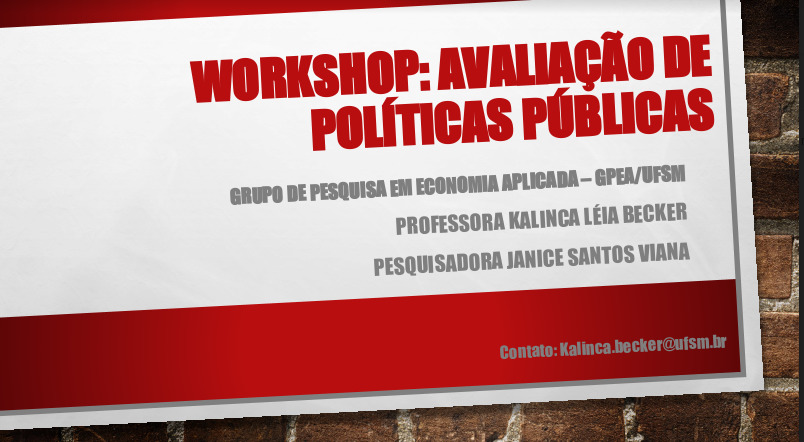 Capa apresentação ppt cinza e vermelha com texto: Workshop Avaliação de Políticas Públicas