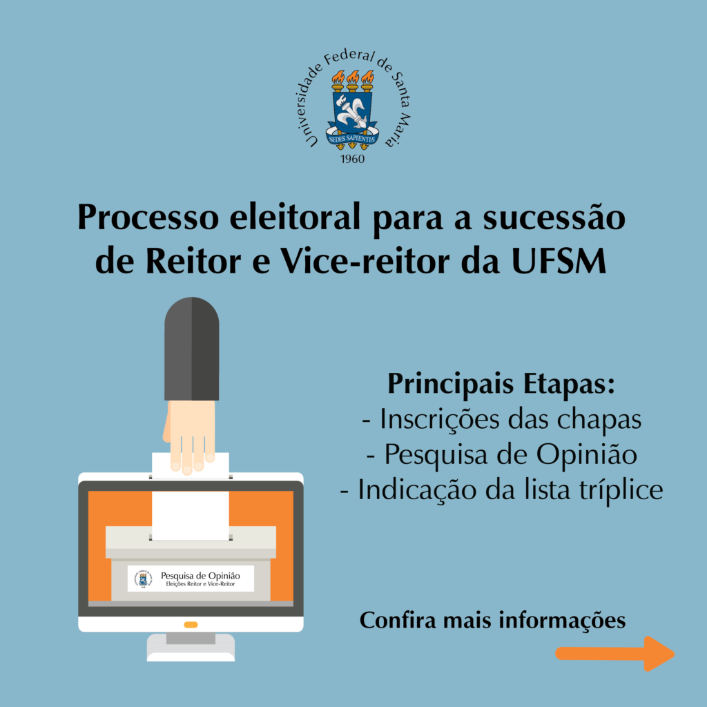 Imagem gráfica quadrada, colorida, com fundo azul, ilustração e notebook e texto em preto que diz: "Processo eleitoral para a sucessão de Reitor e Vice-Reitor da UFSM. Principais Etapas: Inscrições das chapas, pesquisa de opinião, indicação na lista tríplice.