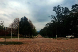 Fotografia horizontal e colorida tirada em ângulo frontal, do término da Avenida Roraima, dentro da UFSM. Na parte superior, o céu nublado, marcado na lateral da imagem por longas árvores em tons verde escuro, que seguem nos canteiros da estrada até o fundo da fotografia. Ao lado esquerdo, ao lado das árvores, parte de um prédio branco com linhas azuis. Na parte da frente da imagem, um cruzamento de ruas, com o chão em pedras paralelepípedo na cor marrom claro, com um canteiro com grama ao lado esquerdo. No canto direito, dobra um carro branco em direção à avenida.