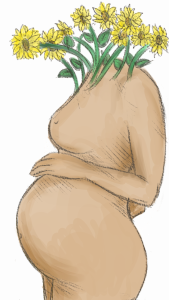 Ilustração colorida da silhueta de uma mulher grávida. Ela é branca e está nua, com uma das mãos sobre a barriga. Acima do pescoço, girassóis amarelos com cabos e folhas verdes.