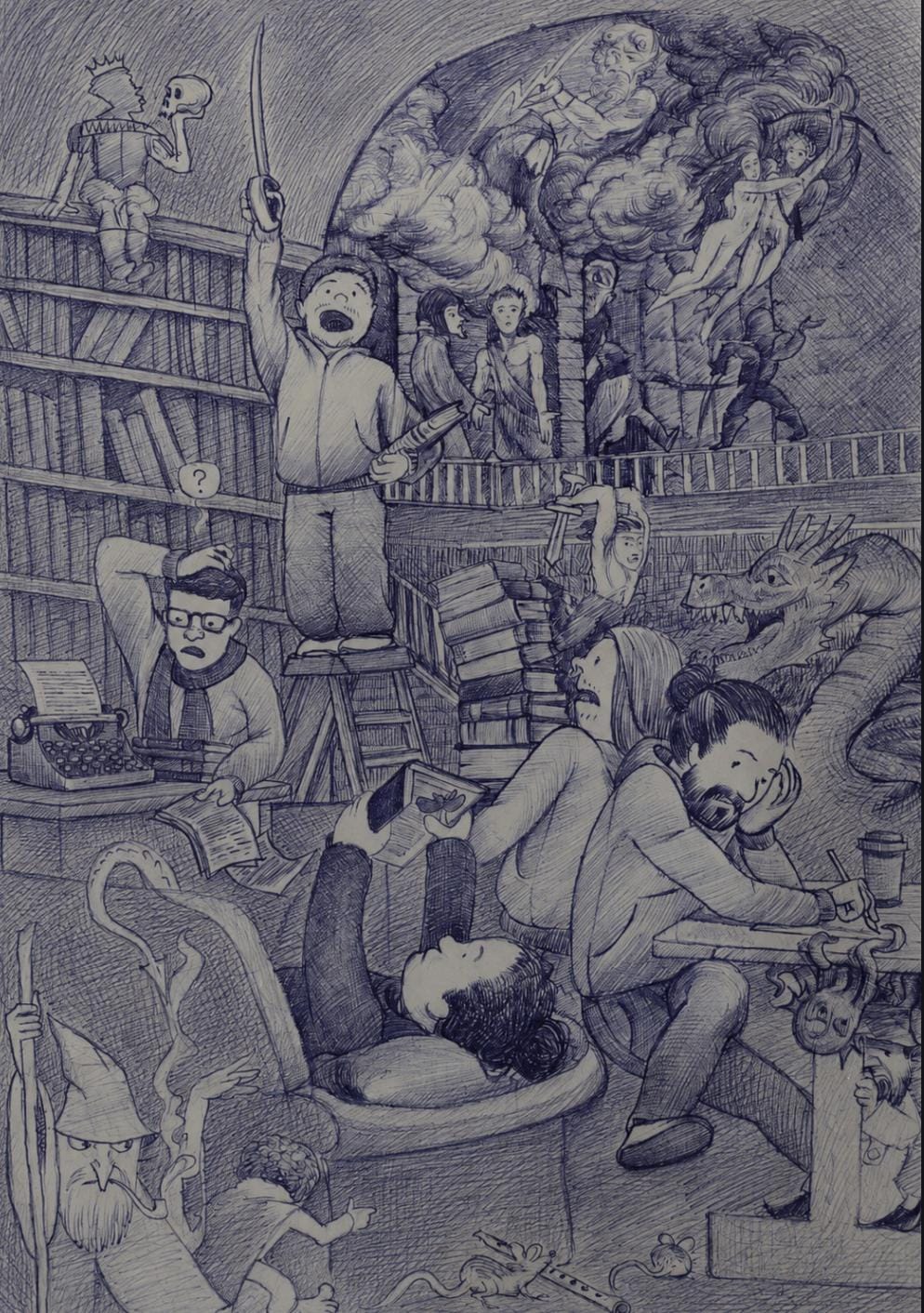 Ilustração em preto e branco, feita com traços de caneta, retratando uma grande biblioteca. Estantes repletas de livros ocupam o lado esquerdo e o fundo da cena. No centro, uma criança está em pé sobre uma escada, sorrindo e erguendo uma espada com uma das mãos, enquanto segura um livro na outra. Ao seu redor, personagens e elementos fantásticos parecem ganhar vida a partir da leitura. No alto, uma figura semelhante a um deus emerge entre nuvens. À direita, duas pessoas voam abraçadas. Há também um dragão de boca aberta, um esqueleto segurando um crânio, um mago com chapéu pontudo, um polvo com tentáculos espalhados e pequenos seres fantásticos escondidos entre os móveis. Em primeiro plano, diferentes pessoas aparecem lendo, escrevendo ou criando. Um homem de óculos, sentado diante de uma máquina de escrever, parece pensativo, com a mão na cabeça. Ao lado, uma pilha de livros se ergue sobre uma mesa. Mais à frente, uma pessoa está deitada em uma poltrona lendo um livro ou usando um celular. À direita, outra pessoa escreve concentrada em uma mesa, apoiando o rosto na mão. Sob a mesa, um pequeno personagem espreita.