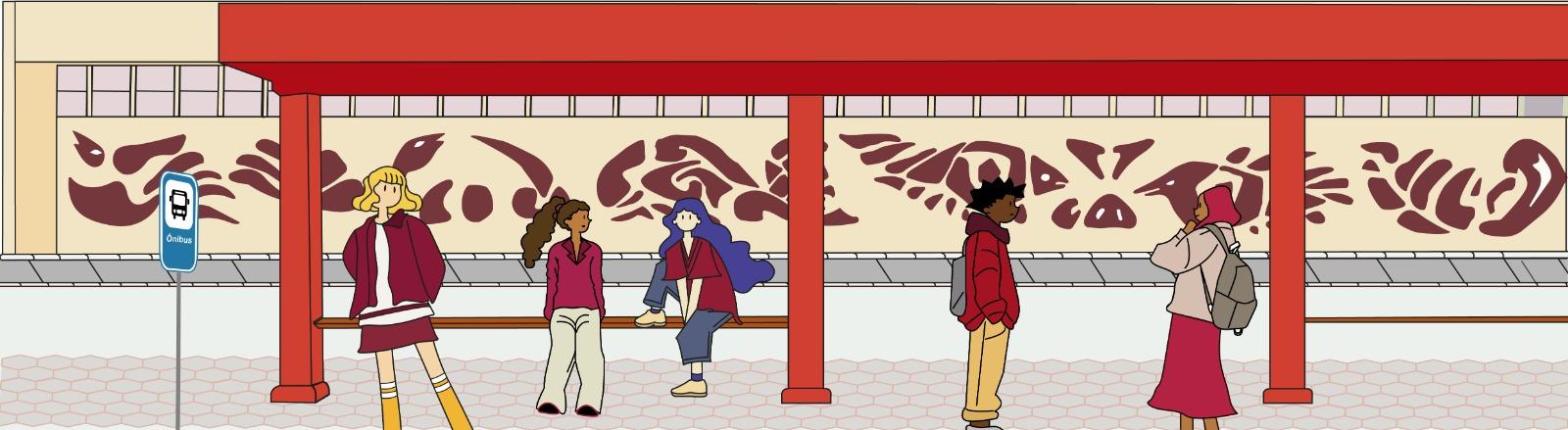 A ilustração colorida na horizontal apresenta um ponto de ônibus com cobertura vermelha e banco de espera vermelhos, assim como os bancos vermelhos que fazem parte da campanha global de conscientização pelo fim da violência de gênero. Cinco pessoas ocupam o espaço: duas estão sentadas no banco, enquanto três permanecem em pé. As personagens possuem diferentes características representando diversidade entre os usuários do espaço. À esquerda, uma pessoa de cabelos loiros e ondulados veste roupas em tons de vermelho. Próximo ao centro, uma pessoa negra de cabelos cacheados escuros usa blusa rosa e calças claras. Ao seu lado, outra personagem branca de longos cabelos azuis está sentada sobre o banco, vestindo roupas em tons de azul e vermelho. À direita da cena, uma pessoa negra de cabelos curtos escuros veste casaco vermelho, calça bege e mochila cinza. Em frente a ela, outra personagem negra usa lenço rosa na cabeça, blusa clara, saia vermelha e mochila nas costas. À esquerda da cena, uma placa azul identifica o local como ponto de ônibus. Ao fundo, uma parede clara é decorada com um mural de formas abstratas em tons de bordô, que se estende por toda a extensão da parada. O mural é uma representação das paredes do HUSM. O piso apresenta padrão geométrico em tons de cinza e bege. A composição utiliza traços estilizados e cores suaves para representar o ambiente universitário.