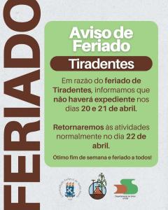 Aviso de feriado, laboratório fechado 20 e 21 de abril de 2026