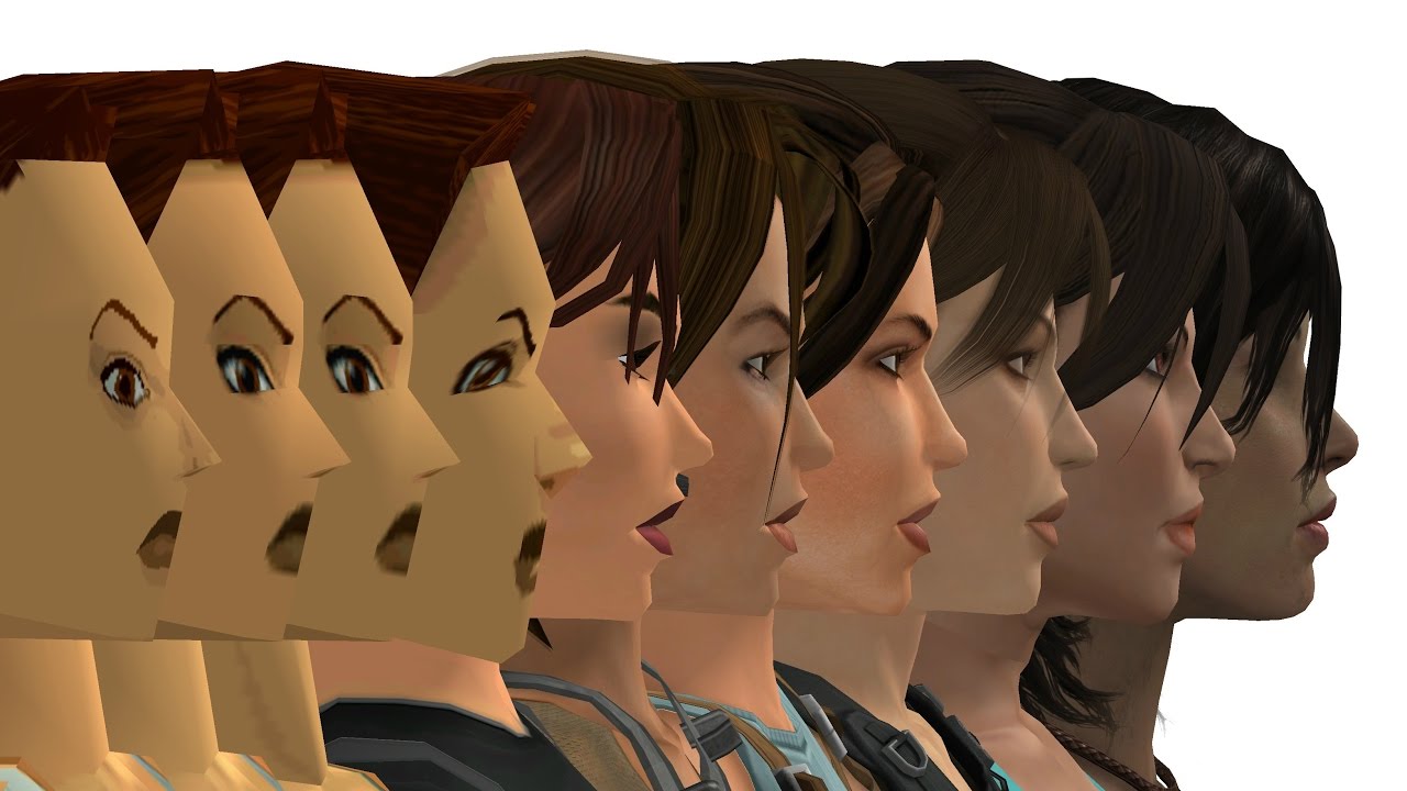 Imagem de capa que ilustra a evolução da personagem Lara Croft ao longo dos anos