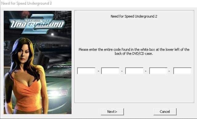 Imagem da etapa de inserção do serial key no menu de instalação do clássico jogo de corrida Need for Speed Underground 2.