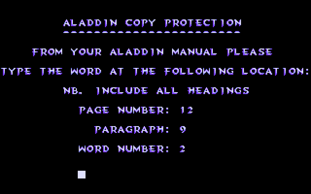 Imagem do momento em que o jogo Aladdin de 1993 solicita que o jogador insira a segunda palavra contida na página 12 e parágrafo 9 do manual.