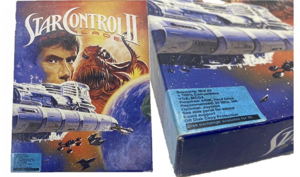 Imagem da capa do jogo Star Control II Accolade de 1992 e suas especificações falando da proteção fora do disco.
