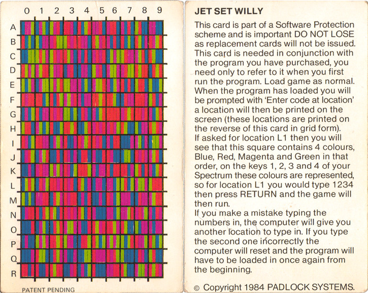 Imagem da matriz contida na folha de códigos do jogo Jet Set Willy de 1984 com seus 180 possíveis códigos e suas instruções de uso.