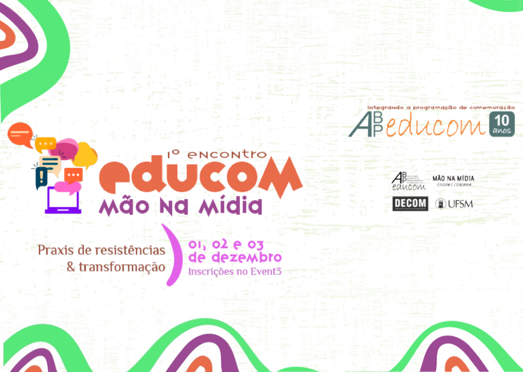 Banner de divulgação do 1° Encontro Educom Mão na Mídia: práxis de resistência e transformação.