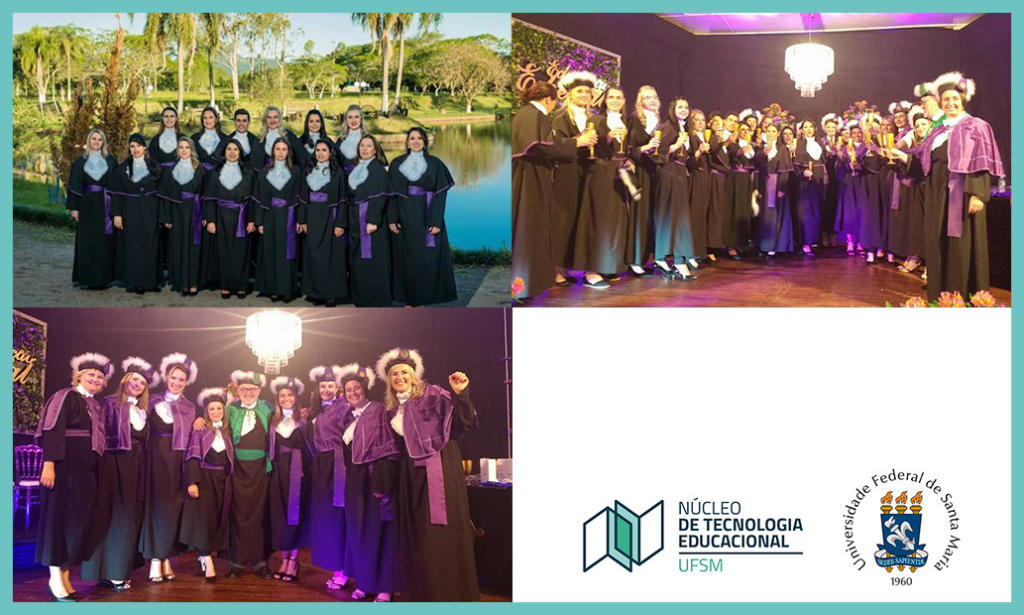 Quatro fotos em uma. A primeira de cima os alunos estão em um ambiente externo, vestindo toga e posando para a foto. Duas das fotos são em uma sala fechada e todos estão com uma taça de champagne, comemorando. E a outra imagem é a logo do NTE