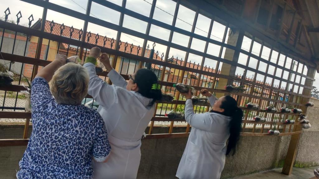 Duas alunas usando jaleco branco e uma idosa estão de costas pendurando artesanato na janela