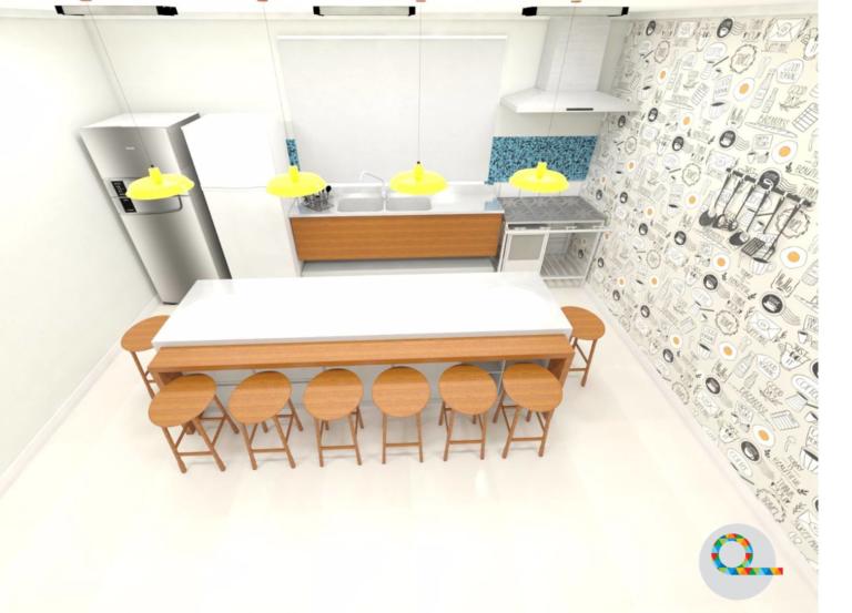Foto de um projeto de uma cozinha com duas geladeiras, pia de lavar louça, fogão e uma mesa ao centro com oito bancos.