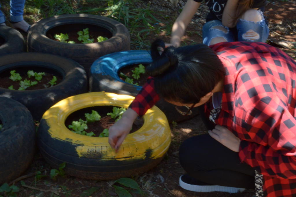 Mulher pinta de amarelo um pneu para usá-lo de vaso de flor