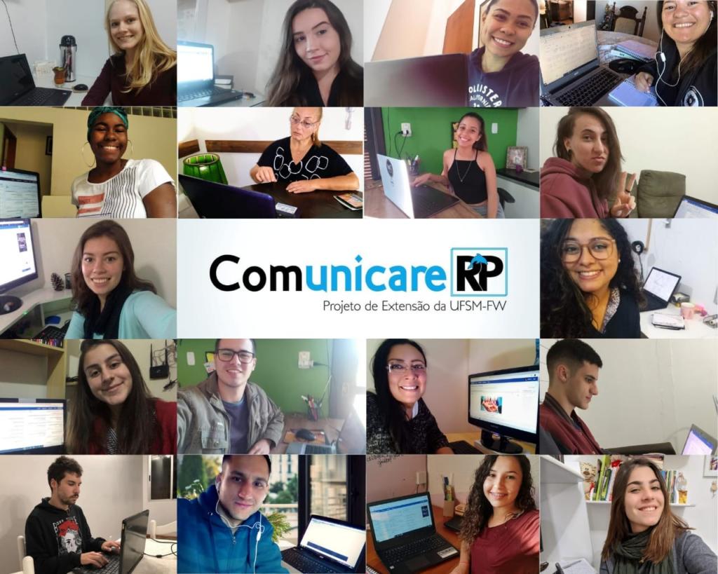 Diversas fotos de rostos de estudantes e professores em montagem, no centro marca do projeto Comunicare RP