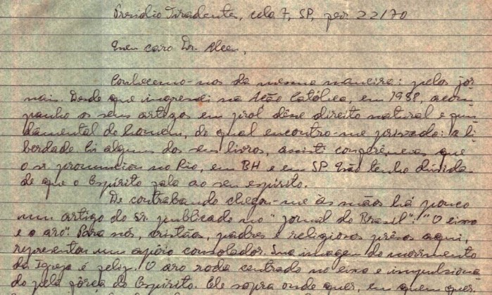 Imagem de uma das cartas enviadas por Frei Betto a Alceu Amoroso Lima, em fevereiro de 1970.