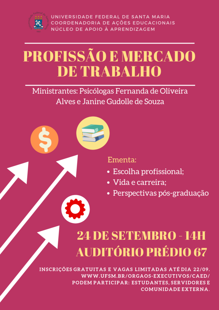 Curso Profissão e Mercado de trabalho. 24 de setembro de 2019, às 14h, no auditório do prédio 67. Realização Núcleo de Apoio À Aprendizagem - CAED UFSM 