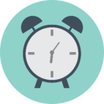 Descrição da imagem: Desenho de um relógio em um círculo azul.