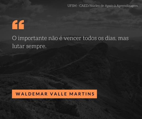Imagem com fundo escuro, contendo marca d´água de uma paisagem escura com a seguinte frase: “O importante não é vencer todos os dias, mas lutar sempre.” - Waldemar Valle Martins