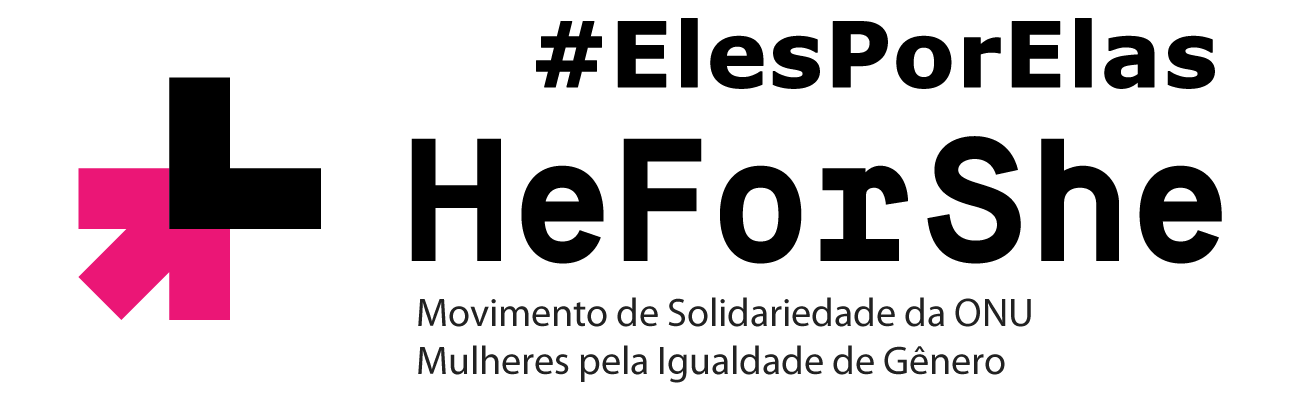Audiodescrição: logotipo da Campanha He For She, traduzido como Eles Por Elas. Movimento de Solidariedade da ONU e das Mulheres Pela Igualdade de Gênero. fim da audiodescrição