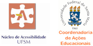 Logos das entidades institucionais apoiadoras do evento, da esquerda para direita Núcleo de Acessibilidade da UFSM e Coordenadoria de Ações Educacionais da UFSM