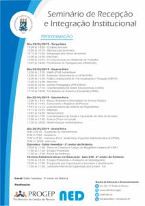 Material gráfico com fundo branco e tarja azul especificando toda a programação do evento para todos os dias 