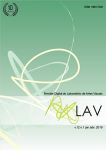 Capa da revista em vertical com as escritas “Revista Digital  do Laboratório de Artes Visuais” - LAV - volume 12, número 1, janeiro/abril  de 2019. Fundo verde em degradê ao branco. 