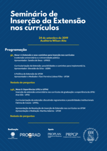 Cartaz vertical e colorido de convite à Seminário. Em letras brancas, o texto: "Seminário de Inserção da Extensão nos currículos." Abaixo, em amarelo, "24 de Setembro de 2019, Auditório Walter Aita (CT)". Possui fundo azul escuro.