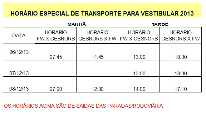 horários vestibular