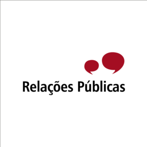 Marca do Curso de Relações Públicas da UFSM-FW, composta por logotipo e símbolo. Relações públicas escrito em preto e balões de conversa na cor vermelho escuro.
